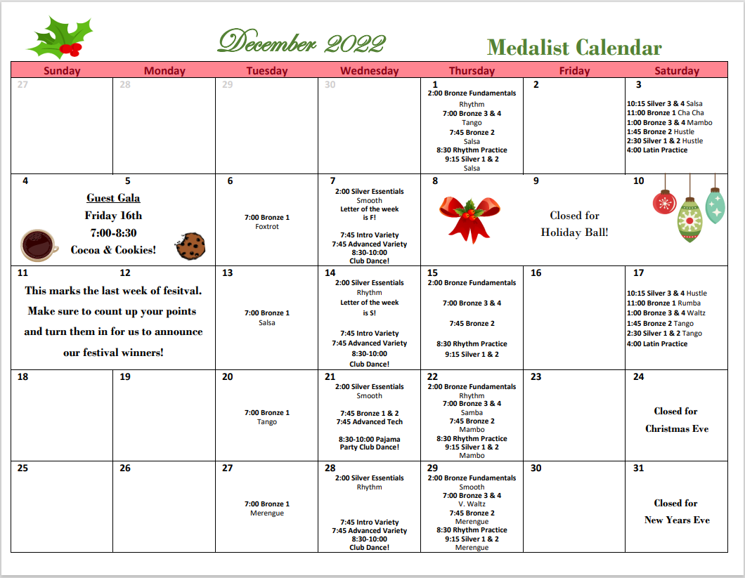Dance Studio Columbia Madalist December Calendar