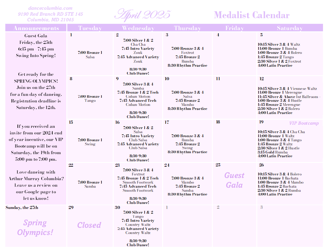 April Medalist Calendar 2025