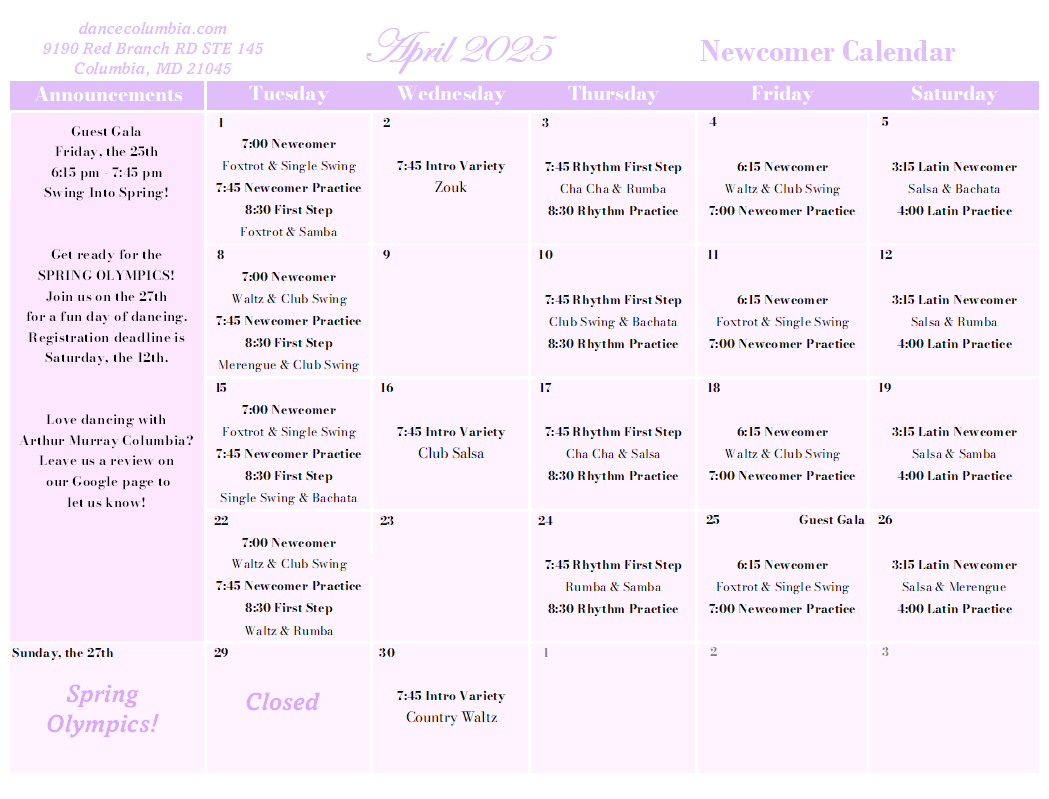 April Newcomer Calendar 2025