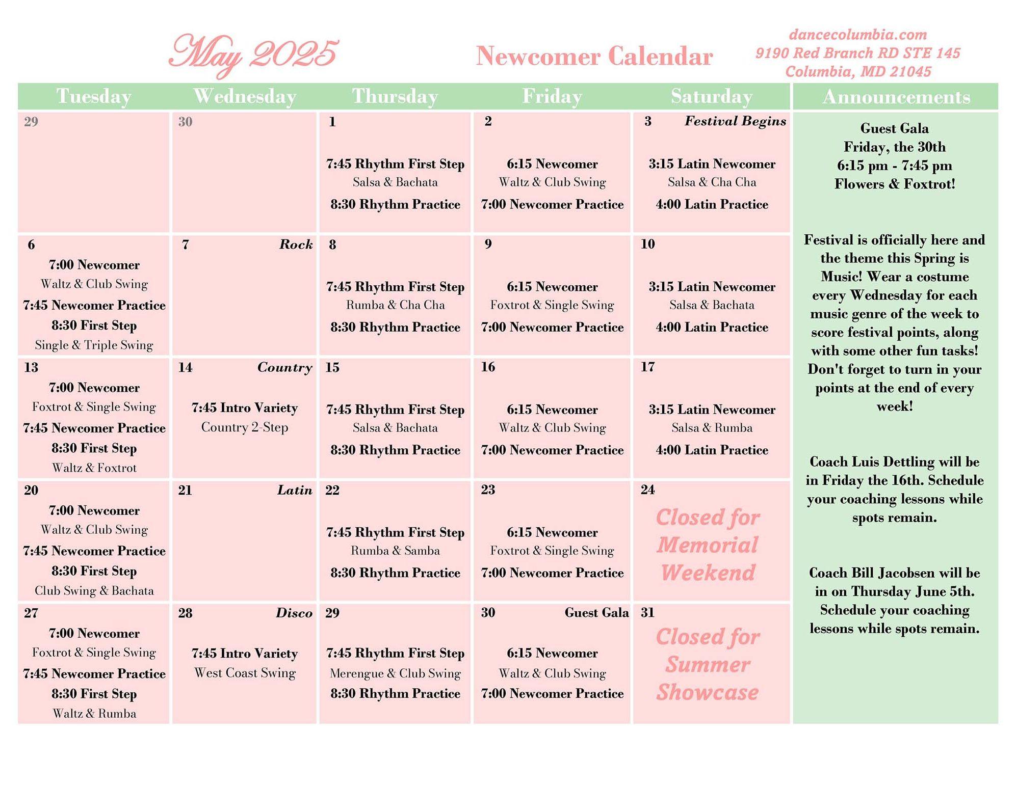 May Newcomer Calendar 2025