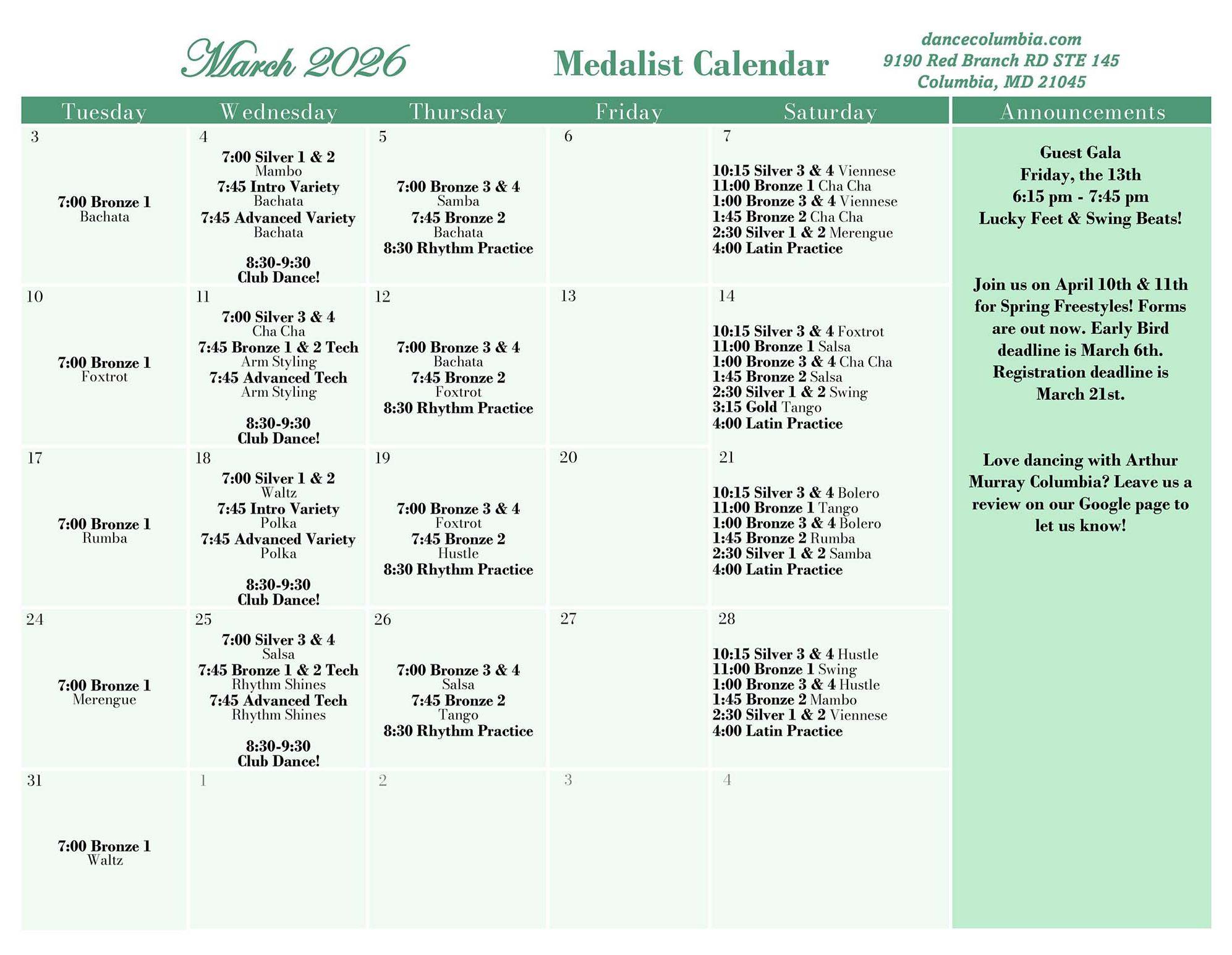 March 2026 Medalist Calendar