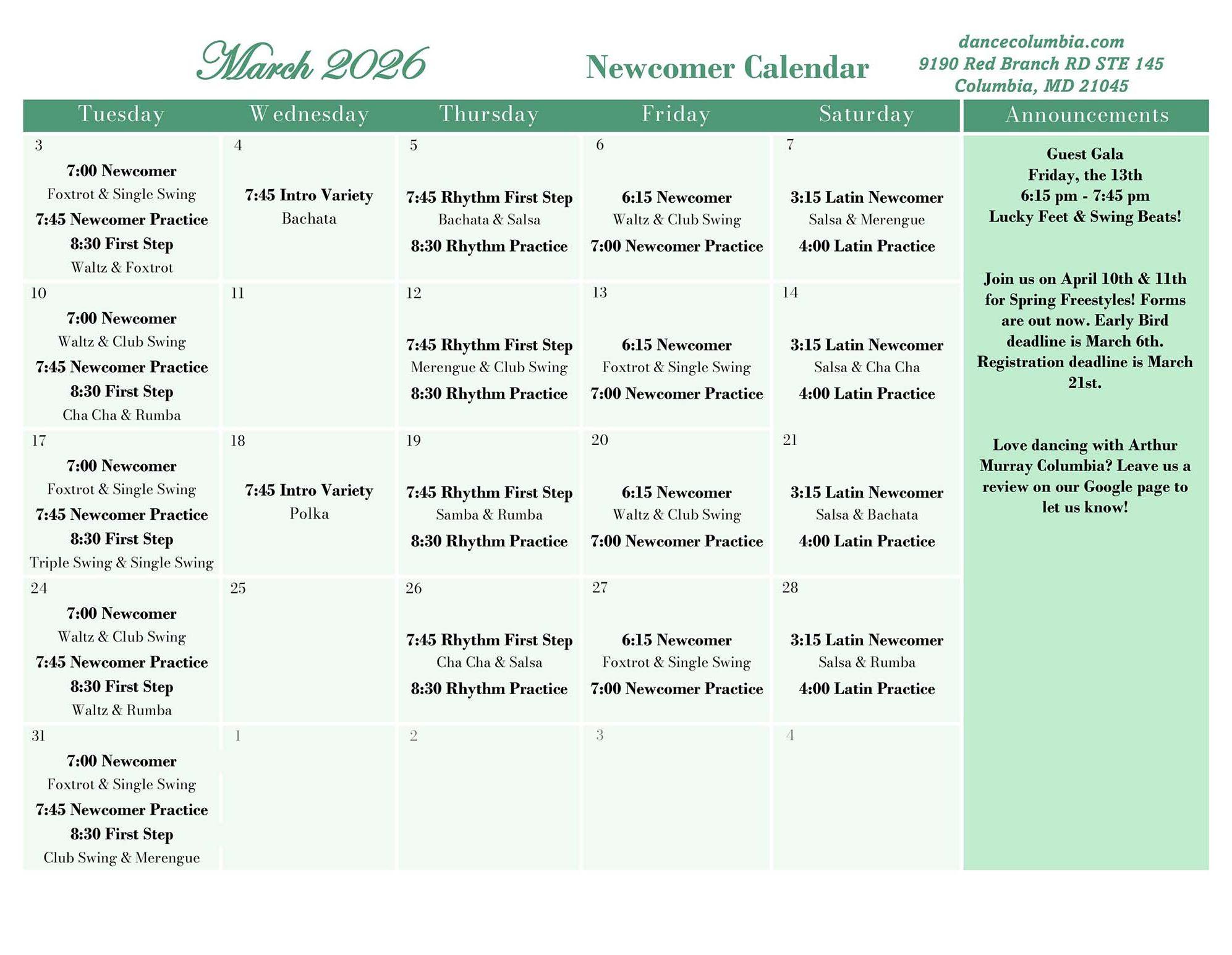 March 2026 Newcomer Calendar