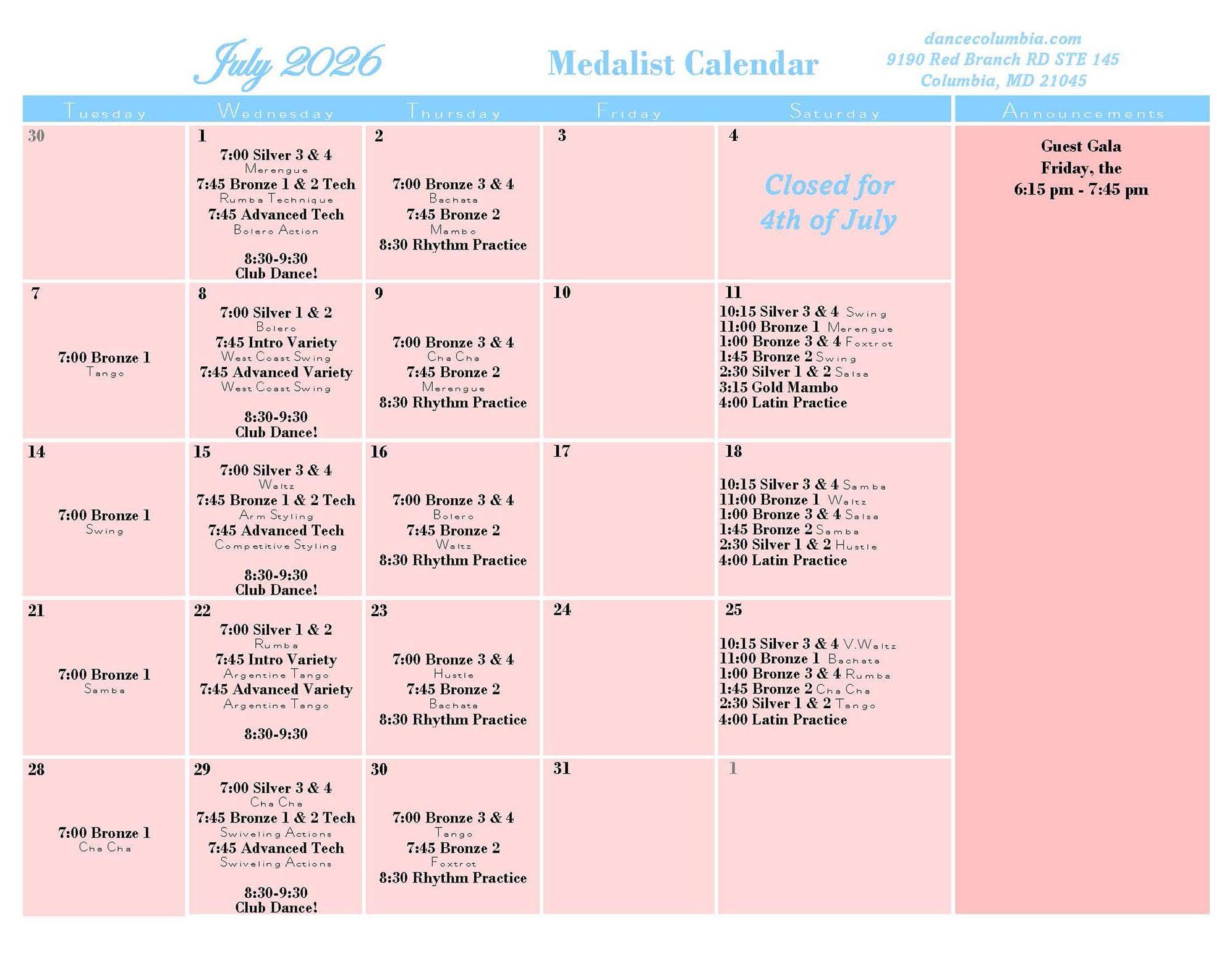 July 2026 Medalist Calendar