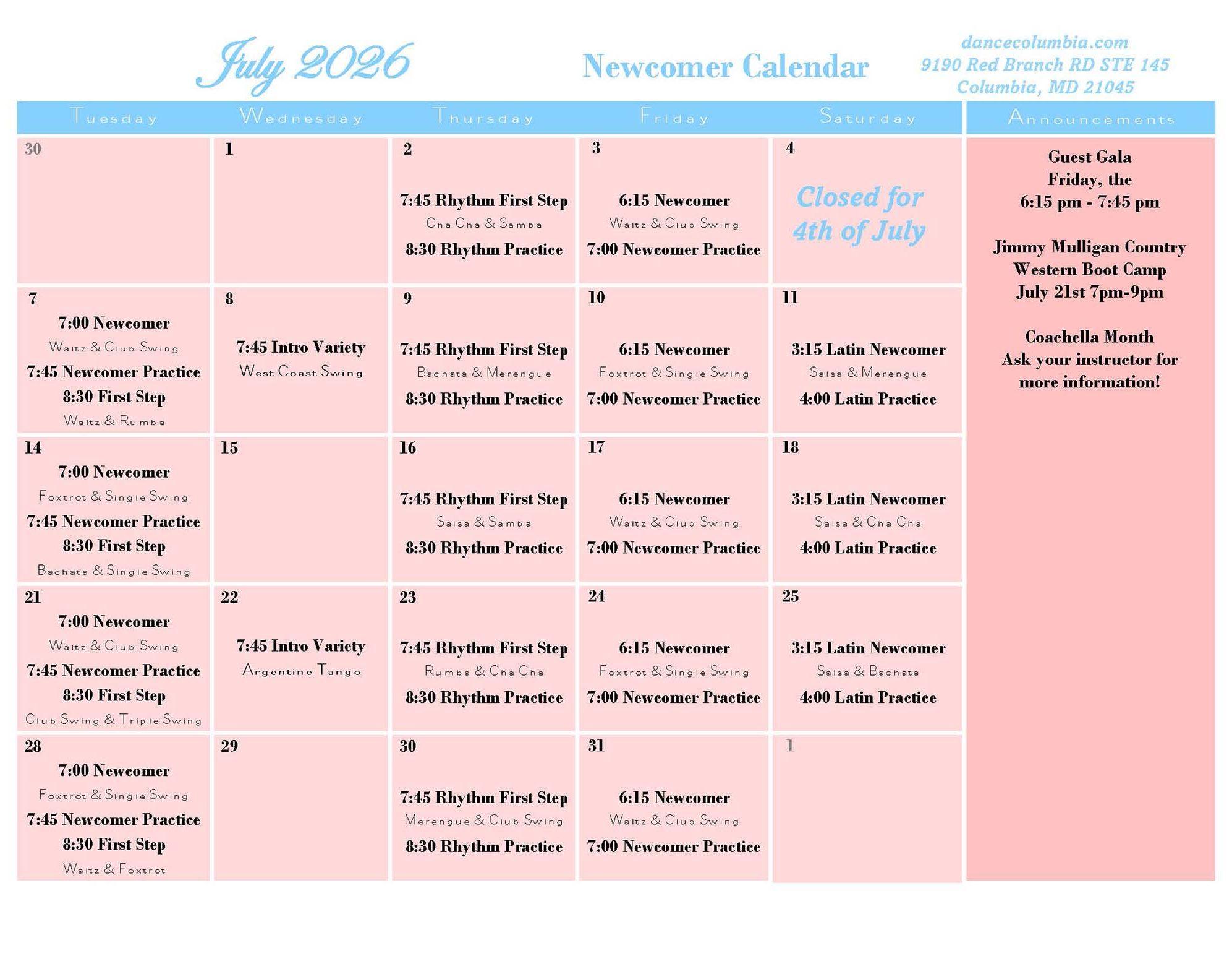 July 2026 Newcomer Calendar