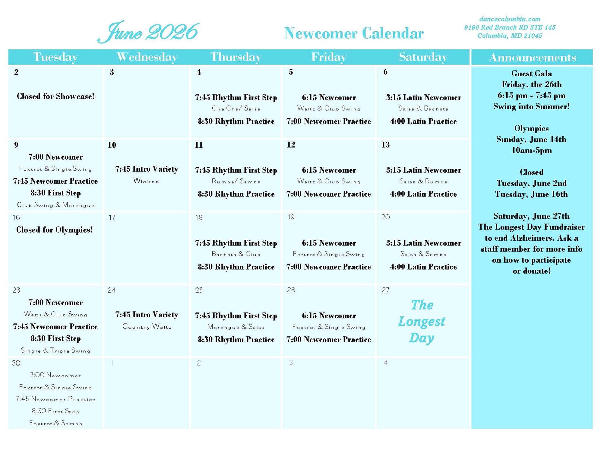 June 2026 - Newcomer Calendar